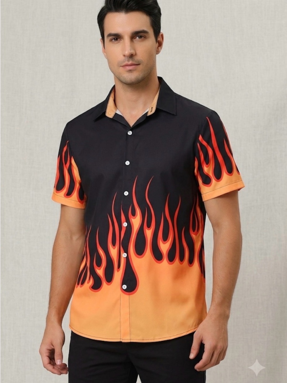 Men's Black & Orange Flame Print Short Sleeve Shirt